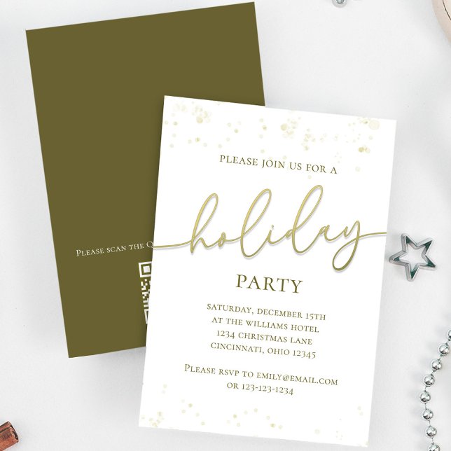 Gold Holiday Party Calligraphy Custom Einladung (Holiday party gold gradient calligraphy script invitation. With a scannable QR Code.)