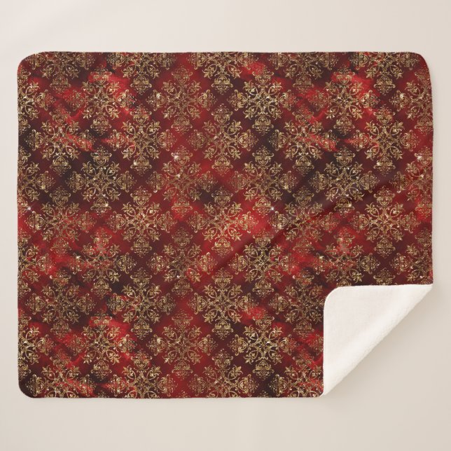 Gold Holiday Red Christmas Metallic Damask Elegant Sherpadecke (Vorderseite (Horizontal))