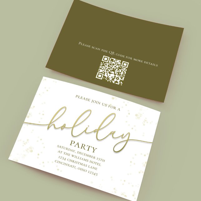 Gold Holiday Script Custom Party  Einladung (Holiday party gold gradient calligraphy script invitation. With a scannable QR Code.)