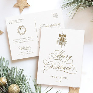 Gold Holly Berry Bouquet Romantische Frohe Weihnac Postkarte
