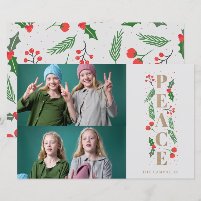 Gold Holly Berry Peace Foto Holiday Card (Vorne/Hinten)
