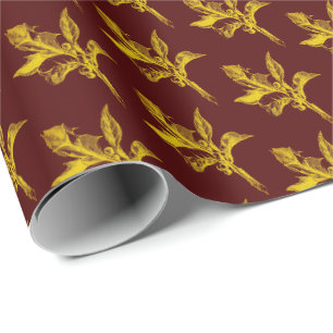 Gold Holly Blätter und Berries über Burgund Geschenkpapier