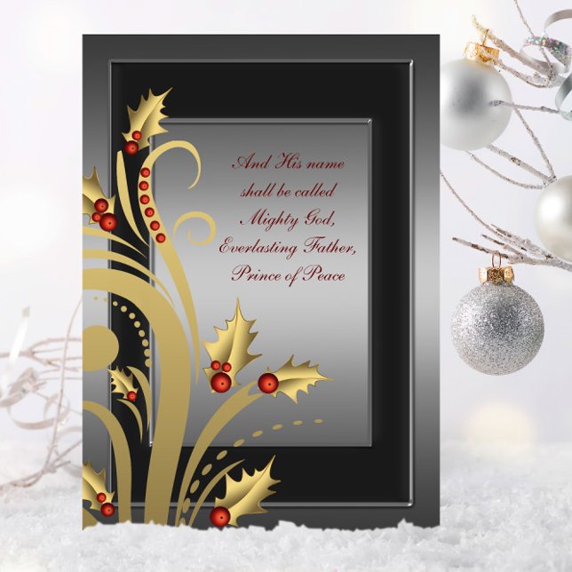 Gold Holly Christliche Weihnachtskarten Feiertagskarte (Christian Christmas card with elegant red and gold holly swirl.)