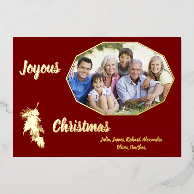 Gold Holly Dark Red Joyous Christmas Foto Folieneinladung (Vorderseite)