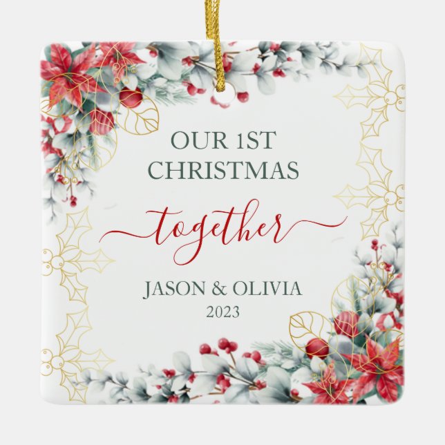 Gold Holly Greenery Floral 1. Weihnachten gemeinsa Keramikornament (Vorderseite)