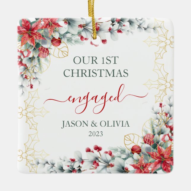 Gold Holly Greenery Floral 1. Weihnachten Verlobt Keramikornament (Vorderseite)