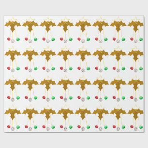 Gold Holly Jingle Bells White Wrapping Paper Geschenkpapier