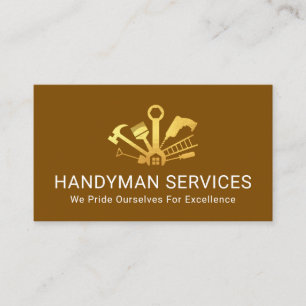 Gold Home Handyman Werkzeuge auf brauner Schicht Visitenkarte