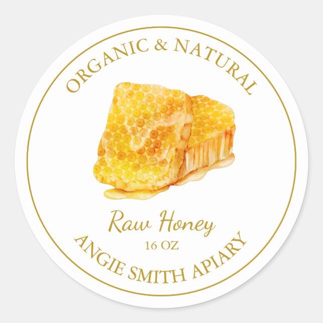 Gold Honeycomb Raw Honey Label | Weiß Runder Aufkleber (Vorderseite)