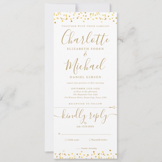 Gold hört Confetti-Script in einer Hochzeit Einladung (Vorderseite)