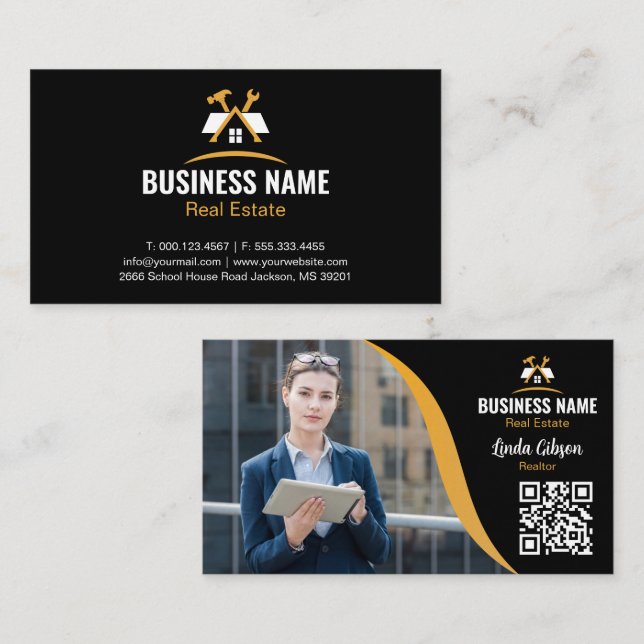 Gold House Logo Realtor Marble Photo QR Code Visitenkarte (Vorne/Hinten)