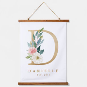 Gold Hübsche Floral Monogram Letter D Baby Kinderz Wandteppich Mit Holzrahmen