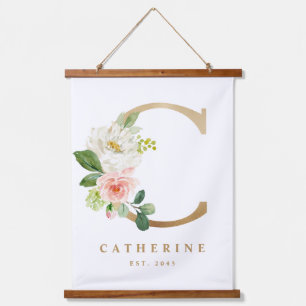 Gold Hübsche florale Monogram Letter C Baby Kinder Wandteppich Mit Holzrahmen
