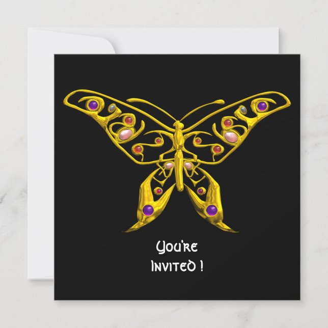 GOLD HYPER BUTTERFLY, GEMSTONES Black Wedding Einladung (Vorderseite)