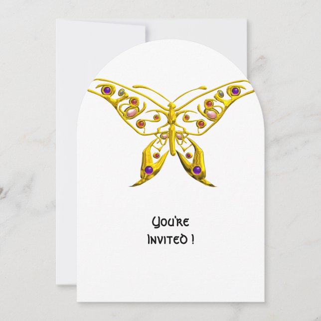 GOLD HYPER BUTTERFLY, GEMSTONES Wedding Einladung (Vorderseite)