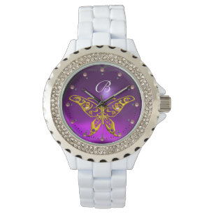 GOLD HYPER BUTTERFLY Lila Amethyst Monogram Armbanduhr