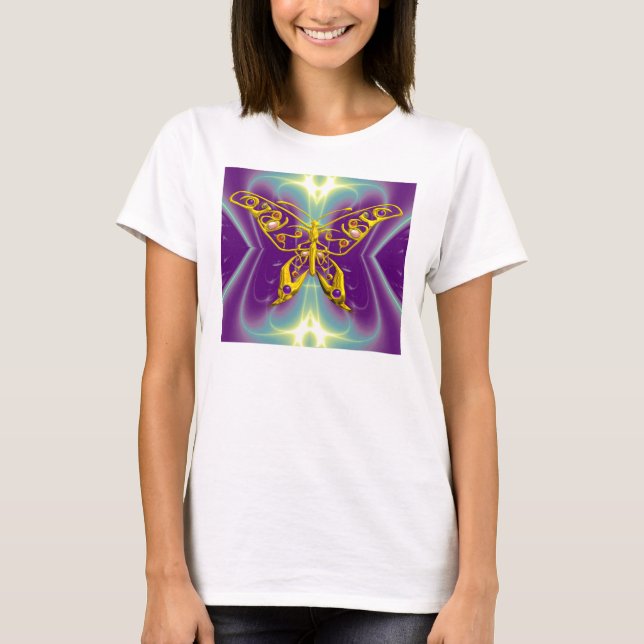 GOLD HYPER BUTTERFLY,Lila Aquamarine Fraktal Welle T-Shirt (Vorderseite)
