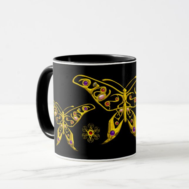 GOLD HYPER BUTTERFLY MIT FARBEN GEMSTONS Black Tasse (Vorderseite Links)