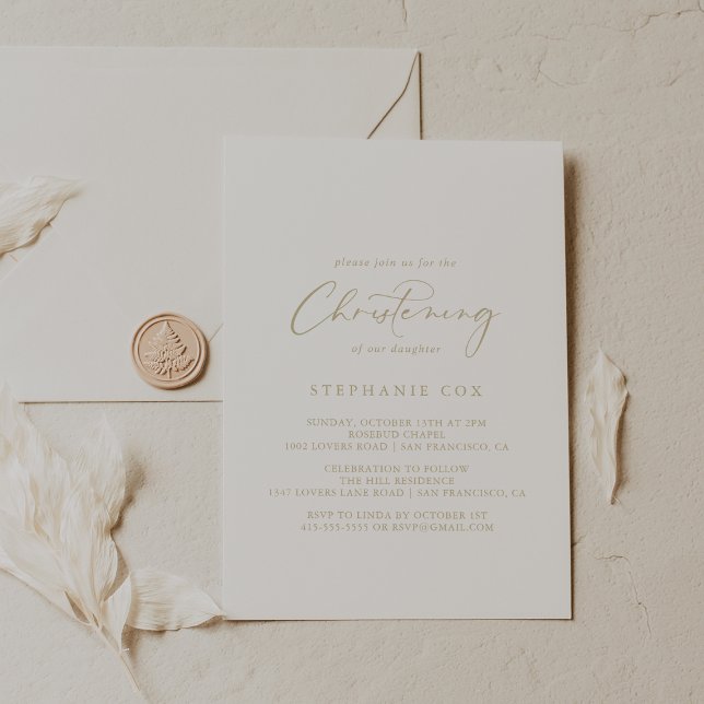 Gold Idyllic Stylish Calligraphy Christening Einladung (Von Creator hochgeladen)