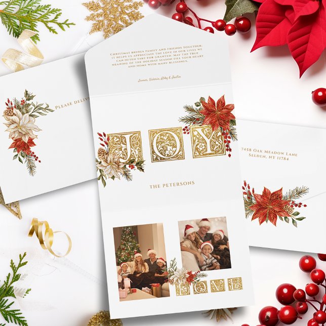 Gold Illuminated Joy Block Letters w/Poinsettias All In One Einladung (Von Creator hochgeladen)