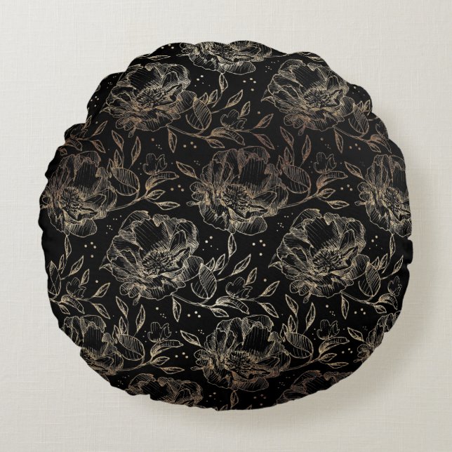Gold Imitate Elegante handgezeichnete Florals Hoch Rundes Kissen (Vorderseite)