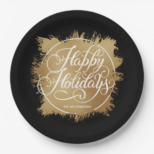 Gold Imitate Foil Happy Holidays Black Pappteller