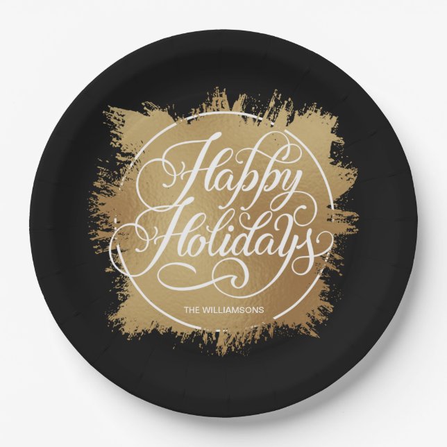 Gold Imitate Foil Happy Holidays Black Pappteller (Vorderseite)