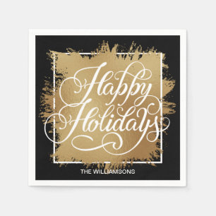 Gold Imitate Foil Happy Holidays Black Serviette