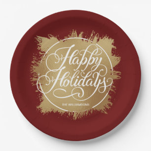 Gold Imitate Foil Happy Holidays Burgundy Pappteller