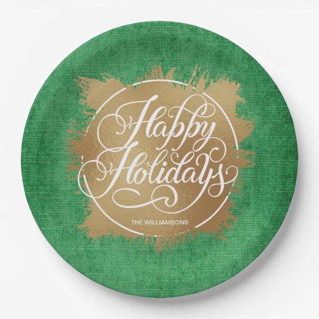 Gold Imitate Foil Happy Holidays Green Pappteller (Vorderseite)