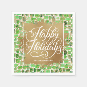 Gold Imitate Foil Happy Holidays Green Serviette