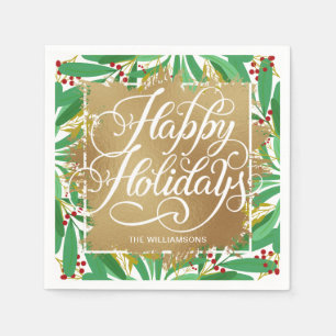 Gold Imitate Foil Happy Holidays Grüne Berries Serviette