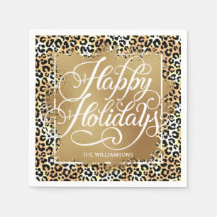 Gold Imitate Foil Happy Holidays Leopard Print Serviette