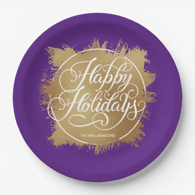 Gold Imitate Foil Happy Holidays Lila Pappteller (Vorderseite)