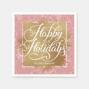 Gold Imitate Foil Happy Holidays Modern Red Serviette