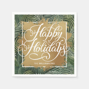 Gold Imitate Foil Happy Holidays Palm Fronds Serviette