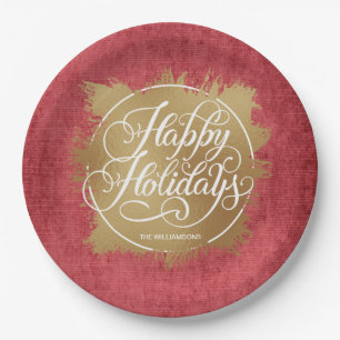 Gold Imitate Foil Happy Holidays Red Pappteller