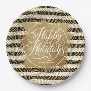 Gold Imitate Foil Happy Holidays Schwarz-weiße St Pappteller