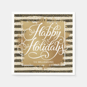 Gold Imitate Foil Happy Holidays Schwarz-weiße Str Serviette