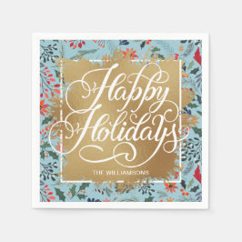 Gold Imitate Foil Happy Holidays Winter Blume Blau Serviette