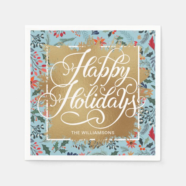 Gold Imitate Foil Happy Holidays Winter Blume Blau Serviette (Vorderseite)