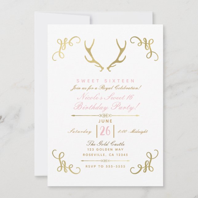 Gold Imitate Foil Rustic Deer Antlers Sweet 16 Par Einladung (Vorderseite)