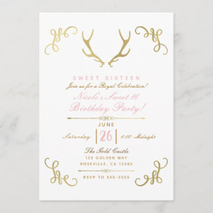 Gold Imitate Foil Rustic Deer Antlers Sweet 16 Par Einladung