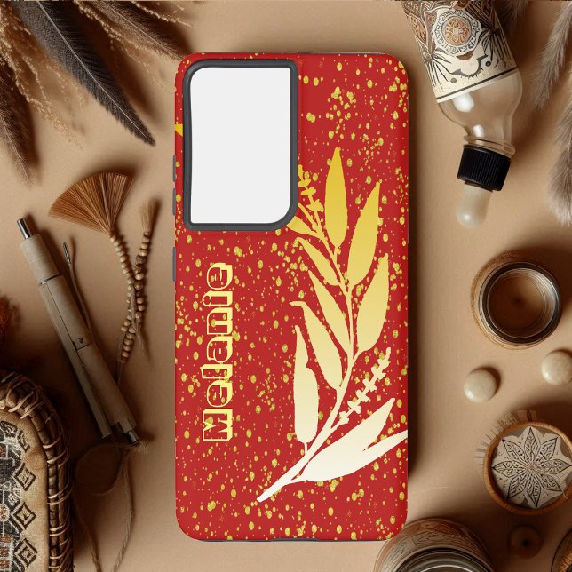 Gold Imitate Foliage Glitzer Individuelle Name Rot Samsung Galaxy Hülle (Gold Faux Foliage Glitter Custom Name Red Elegant Samsung Galaxy Case)