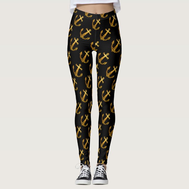 Gold Imitate funkeln Anchor Sommermuster schwarz Leggings (Vorderseite)