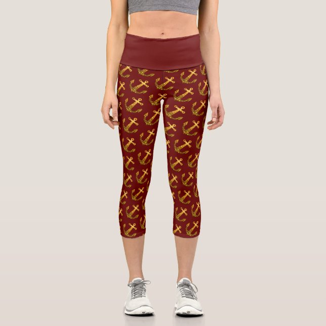 Gold Imitate funkeln Glitzer Ankermuster dunkelrot Capri Leggings (Vorderseite)