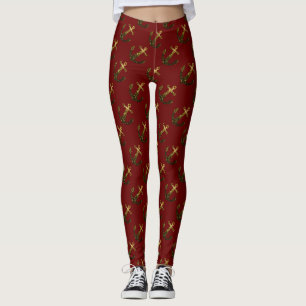 Gold Imitate funkeln Glitzer Ankermuster dunkelrot Leggings