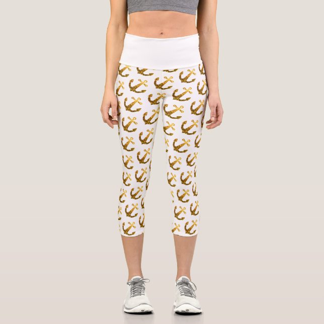 Gold Imitate funkeln Glitzer Ankermuster weiß Capri Leggings (Vorderseite)