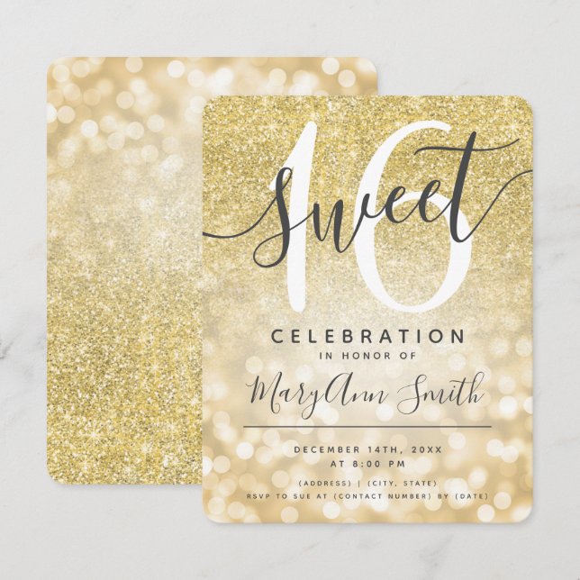 Gold Imitate Glitzer Glam Lights Sweet 16.  Einladung (Vorne/Hinten)