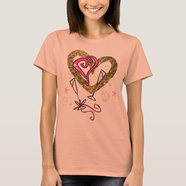 Gold Imitate Glitzer & Pink Hearts Champagner Gläs T-Shirt (Vorderseite)